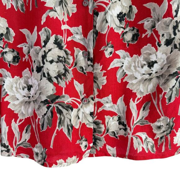 Vintage 80s Attaché Herman Geist Linen Red Floral Blouse Button Back Crewneck, 8 - Picture 9 of 10